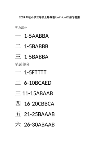2024年秋小学三年级上册英语Unit1-Unit2练习答案.docx