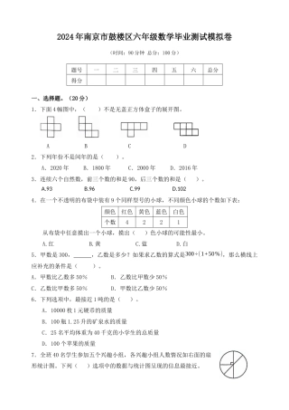 2024年南京市鼓楼区六年级数学毕业测试模拟卷.docx