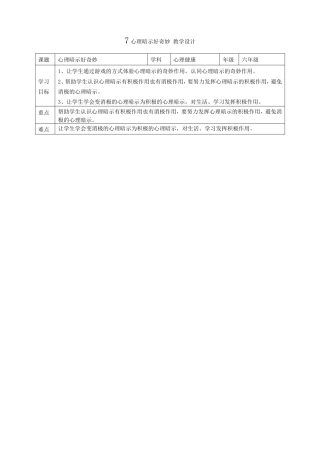教科版心理健康教育六年级下册7《心理暗示好奇妙》教学设计.doc