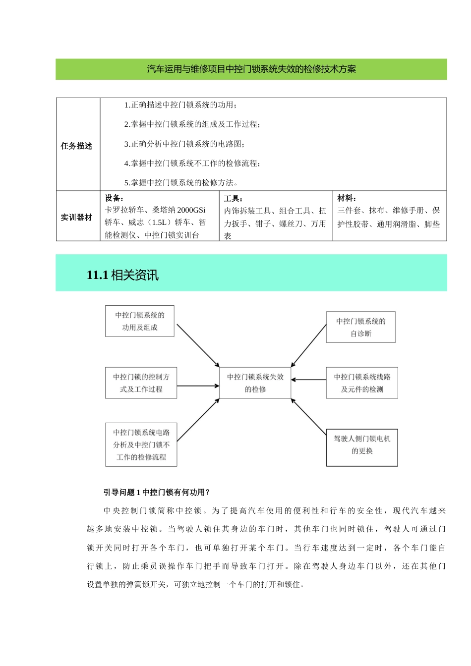 汽车运用与维修项目中控门锁系统失效的检修技术方案.docx_第1页