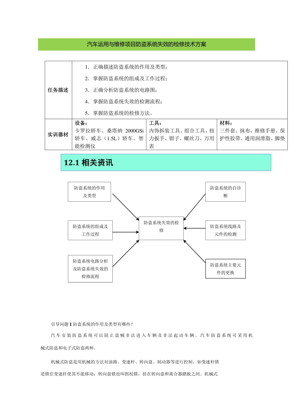 汽车运用与维修项目防盗系统失效的检修技术方案.docx_第1页
