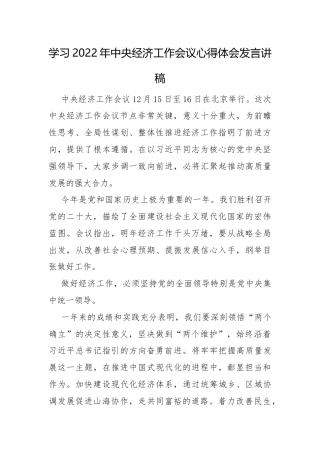 学习2022年中央经济工作会议心得体会发言讲稿范文2篇.docx