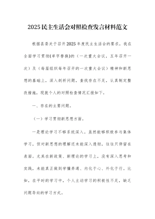 2025民主生活会对照检查发言材料范文.docx
