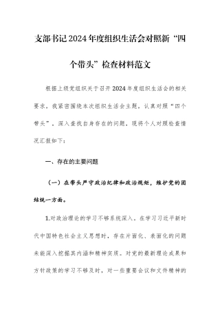 支部书记2024年度组织生活会对照新“四个带头”检查材料范文.docx
