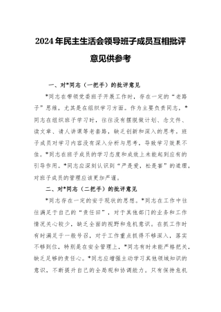 2024年民主生活会领导班子成员互相批评意见供参考.docx