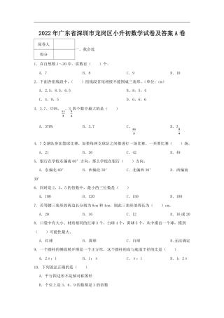 2022年广东省深圳市龙岗区小升初数学试卷及答案A卷.pdf