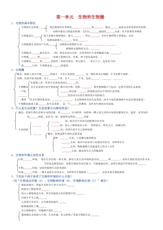 （人教版）中考生物一轮复习必背考点分册梳理七年级上册（填空版+答案版）.doc