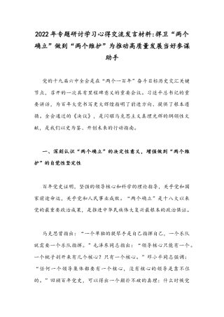 2022年专题研讨学习心得交流发言材料：捍卫“两个确立”做到“两个维护”为推动高质量发展当好参谋助手.docx