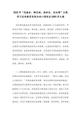 2022年“迎盛会、铸忠诚、强担当、创业绩”主题学习宣传教育实践活动心得体会2090字文稿.docx