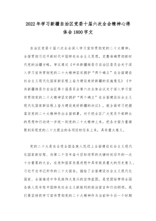 2022年学习新疆自治区党委十届六次全会精神心得体会1800字文.docx