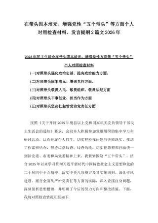 在带头固本培元、增强党性“五个带头”等方面个人对照检查材料、发言提纲2篇文2026年.docx