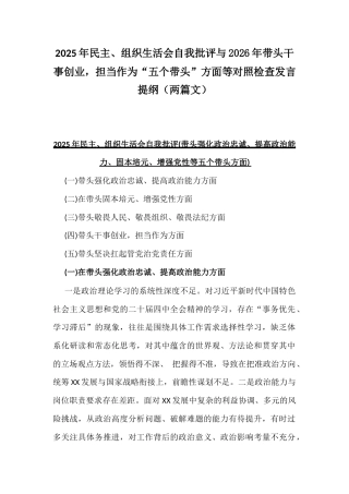 2025年民主、组织生活会自我批评与2026年带头干事创业担当作为“五个带头”方面等对照检查发言提纲（两篇文）.docx