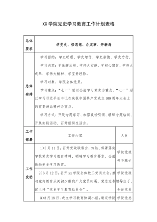 XX学院党的历史学习教育工作计划表格.doc