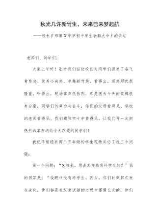 秋光几许新竹生未来已来梦起航——校长在市第X中学初中学生表彰大会上的讲话.docx