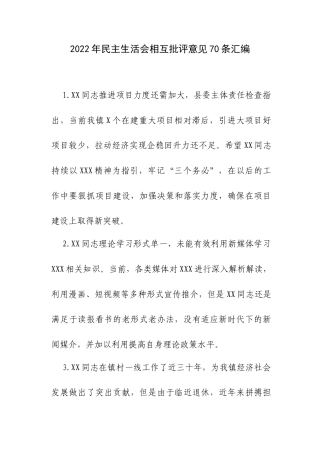 2022年生活会相互批评意见70条汇编（比较温和的）.docx