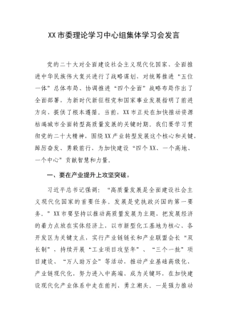 XX市委理论学习中心组集体学习会发言.docx